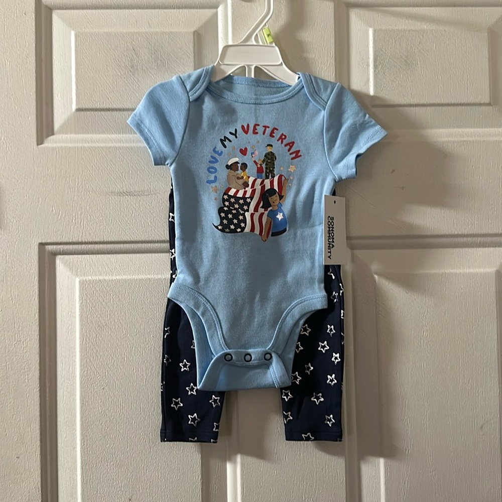 SONOMA LOVE MY VETERAN 2 PIECE OUTFIT: NEW WITH TAGS: SIZE 3 MTH